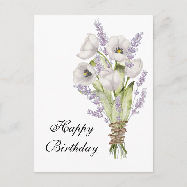 Carte Postale Tulipes blanches bouquet de lavande joyeux anniver (Devant)