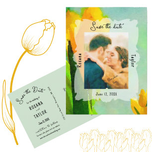Carte Postale Tulipes d'aquarelle jaune Mariage Photo Date de sa