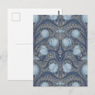 Carte Postale Tulipes Rétro Nouveau en bleu et étain