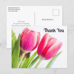 Carte Postale Tulipes roses avec Merci photo Feuille vert