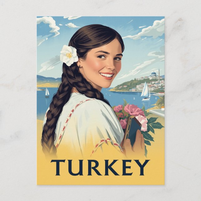 Carte Postale Turkey Travel Poster Smiling Woman and Coastal (Devant)