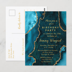 Carte Postale Turquoise Bleu et Or Agate Marbre Anniversaire