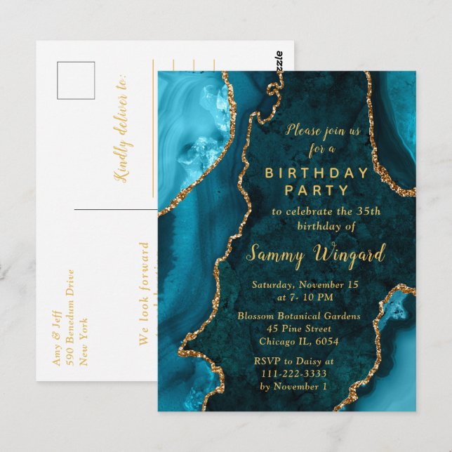 Carte Postale Turquoise Bleu et Or Agate Marbre Anniversaire (Devant / Derrière)