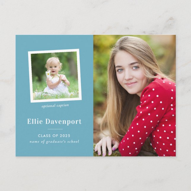 Carte Postale Turquoise Blue Classique Deux Photos Graduation (Devant)