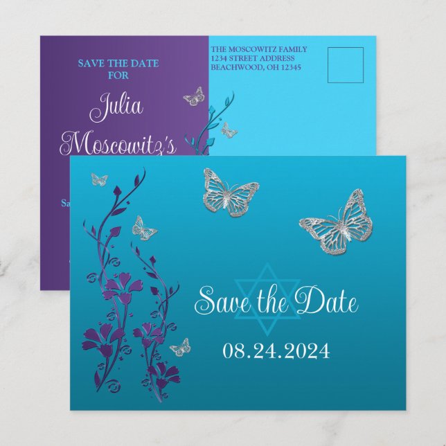 Carte Postale Turquoise, Floral Violet, Bat mitzvah de papillons (Devant / Derrière)