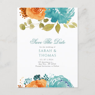 Carte Postale Turquoise Orange Boho Floral Automne Enregistrer L