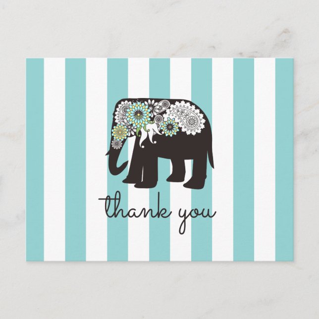Carte Postale Turquoise Rayure Paisley Eléphant Merci (Devant)