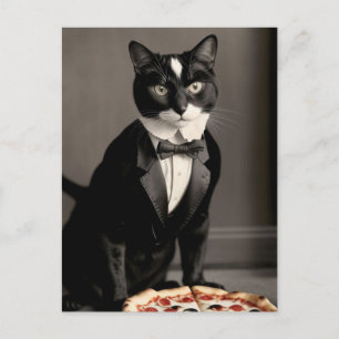 Carte Postale tuxedo cat et pizza