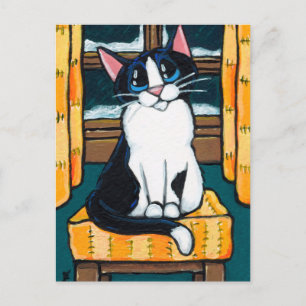 Carte Postale Tuxedo Chat à Snowy Fenêtre Peinture