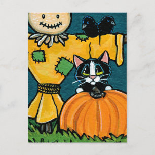 Carte Postale Tuxedo Chat avec Citrouille et Scarecrow Illustrat
