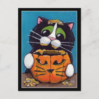 Carte Postale Tuxedo Chat avec Citrouille Halloween