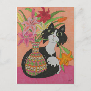 Carte Postale Tuxedo Chat avec Lilies