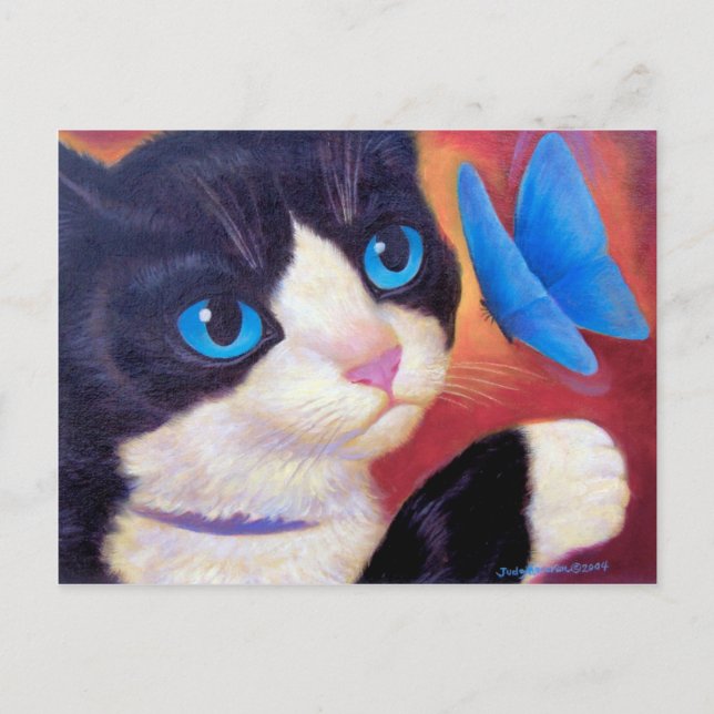 Carte postale Tuxedo Chat Chasing Papillon Peintur (Devant)
