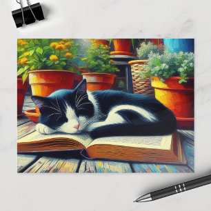 Carte Postale Tuxedo Chat dormir sur un livre Jardin Peinture