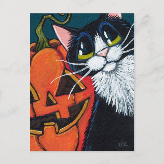 Carte Postale Tuxedo Chat et Lanterne Citrouille souriante (Devant)