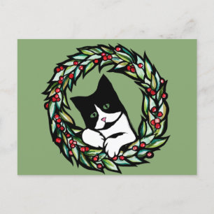 Carte Postale Tuxedo Chat Noël Yule Chats de vacances Catmas Art