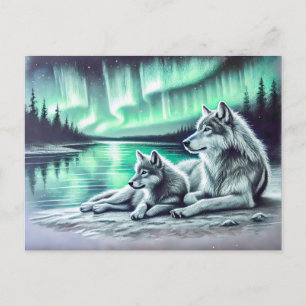 Carte Postale Two Wolves at the Waters Edge with Northern Lights