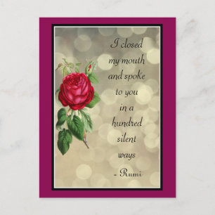 Carte Postale Typographie des citations de Rumi avec Rose et Bok
