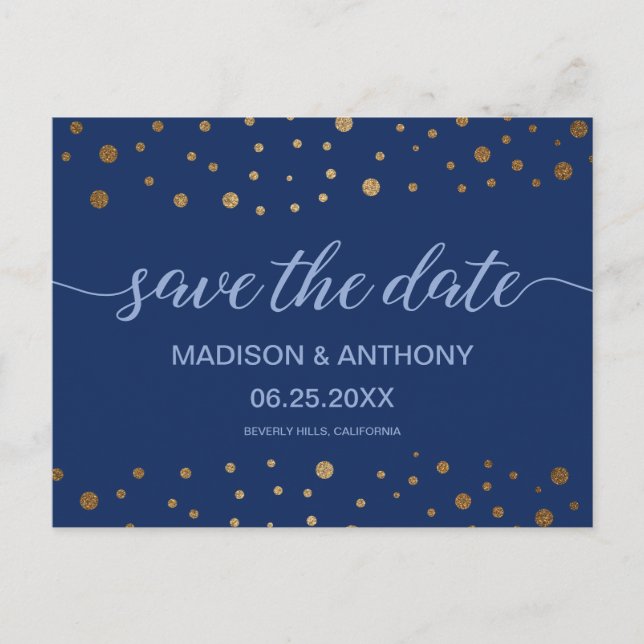 Carte Postale Typographie Marine Blue Gold Wedding Enregistrer l (Devant)
