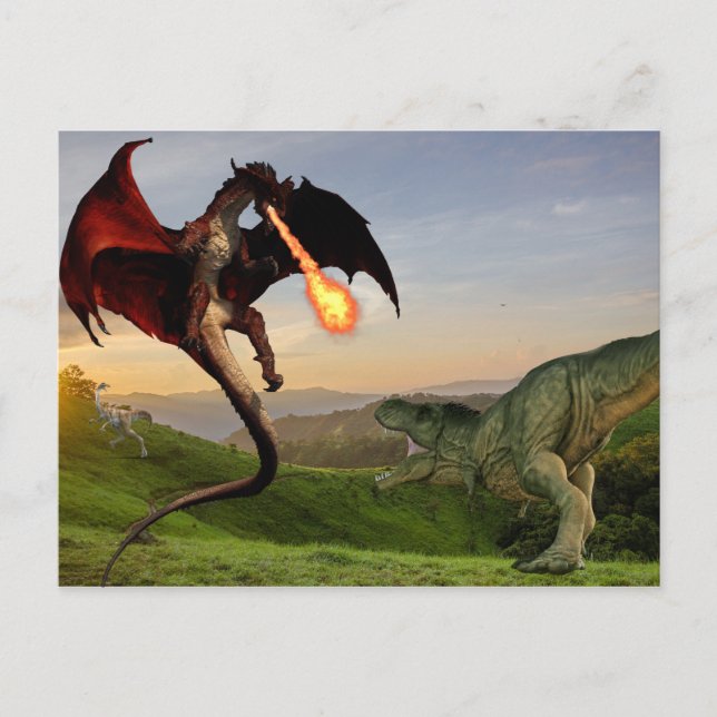 Carte Postale Tyrannosaurs Vs Red Fire Respiration Dragon Batail (Devant)