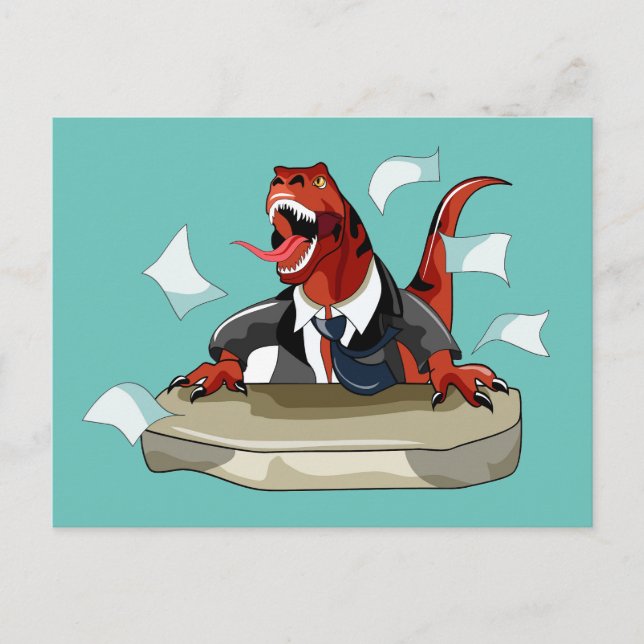 Carte Postale Tyrannosaurus Rex patron assis à un bureau. (Devant)
