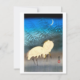 Carte Postale Ukiyoe - Aigrettes et roseaux au clair de lune