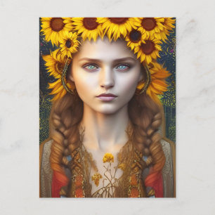 Carte Postale Ukrainienne fille d'amulettes et de tournesols Art