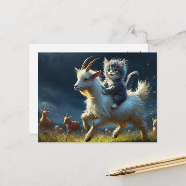 Carte Postale Un adorable chat chevauchant une chèvre (Devant/Arrière en situation)