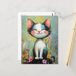 Carte Postale Un adorable chat et Fleurs