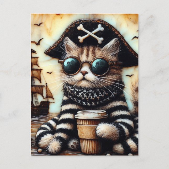 Carte Postale Un Adorable Chat Pirate Avec Un Café Encausant (Devant)