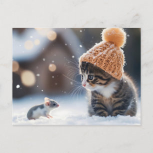Carte Postale Un adorable chaton et une souris dans la neige ens