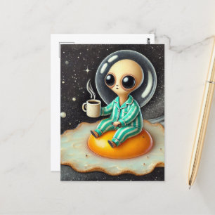 Carte Postale Un Alien amusant sur un navire à oeufs frits dans 