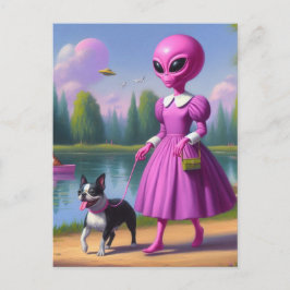 Carte Postale Un Alien Rose Marche Son Boston Terrier