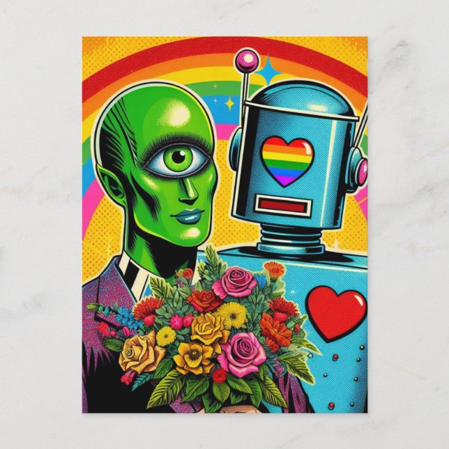 Carte Postale Un Alien vert teinté et un Mariage robotique (Devant)