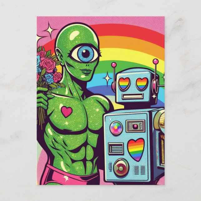 Carte Postale Un Alien vert teinté et un robot amoureux (Devant)