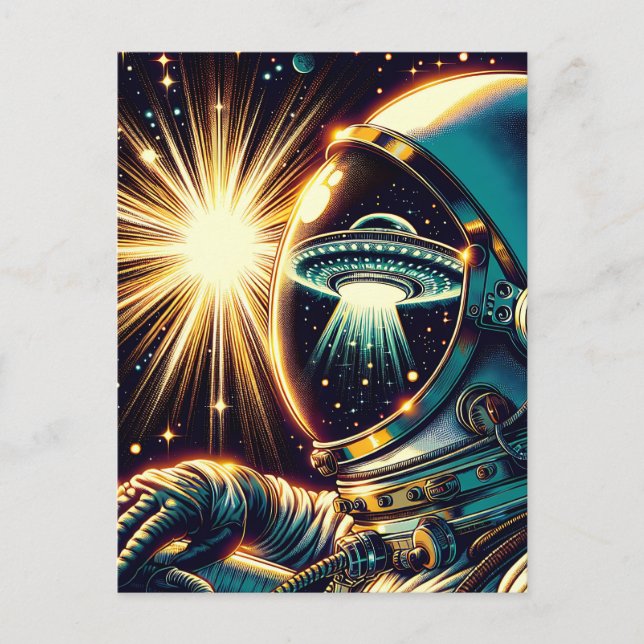 Carte Postale Un astronaute avec la réflexion d'un OVNI (Devant)
