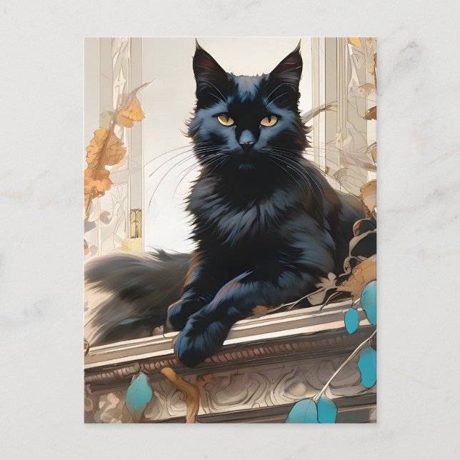 Carte Postale Un beau chat noir aux cheveux longs (Devant)