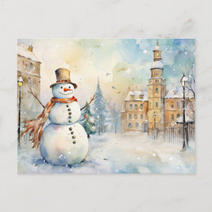 Carte Postale Un bonhomme de neige lunatique joyeux dans un vill