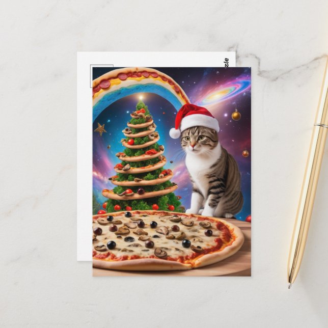 Carte Postale Un chat à la pizza de Noël amusant (Devant/Arrière en situation)