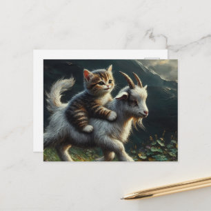 Carte Postale Un chat adorable chevauchant une chèvre Fantastiqu
