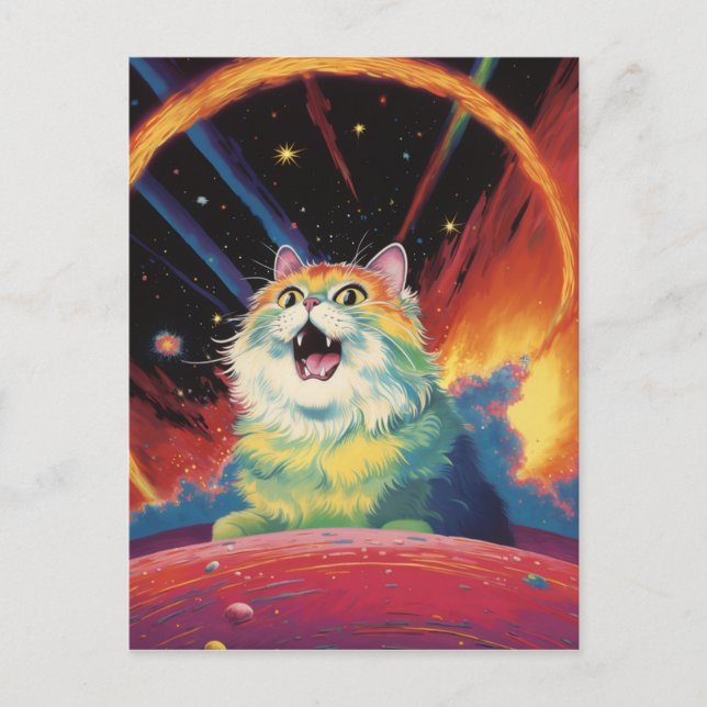 Carte Postale Un chat blanc duveteux dans l'espace (Devant)