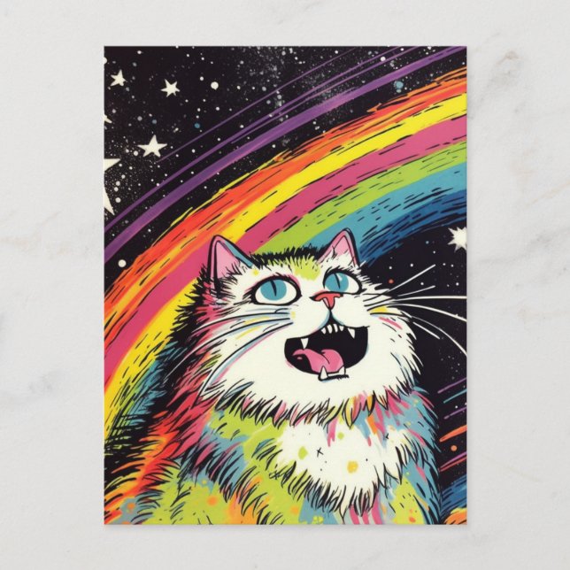 Carte Postale Un chat coloré et duveteux dans l'espace (Devant)
