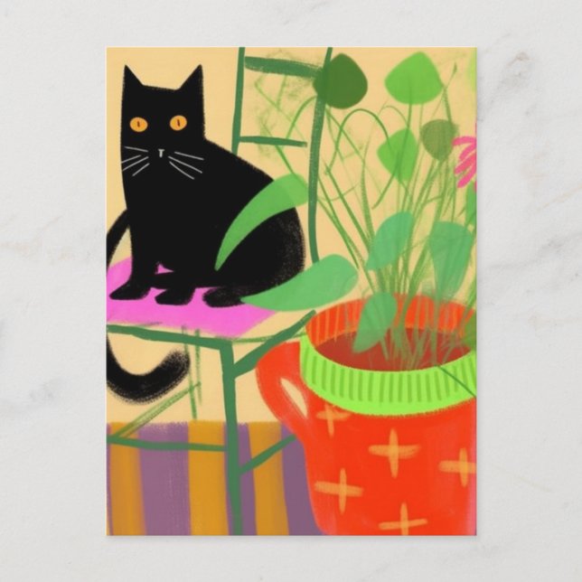 Carte Postale Un Chat Noir Avec Des Usines (Devant)