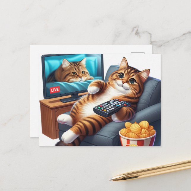 Carte Postale Un chat patate de canapé mignon regarde la télévis (Devant/Arrière en situation)