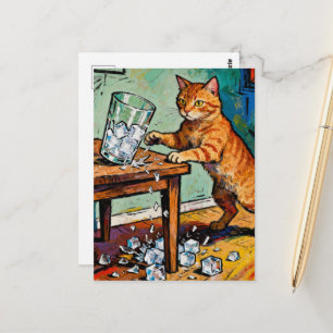 Carte Postale Un chat roux mignon renverse un verre de glace