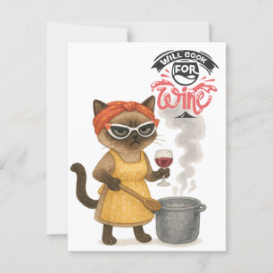 Carte Postale Un chat siamois boit du vin