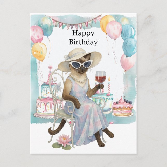 Carte Postale Un chat siamois boit du vin Joyeux Anniversaire (Devant)