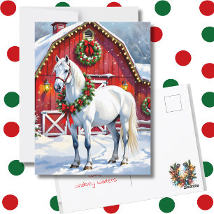 Carte Postale Un Cheval Blanc Festif et une Grange d'hiver Noël