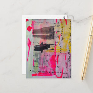 Carte Postale Un collage en techniques mixtes de bateau rose jau