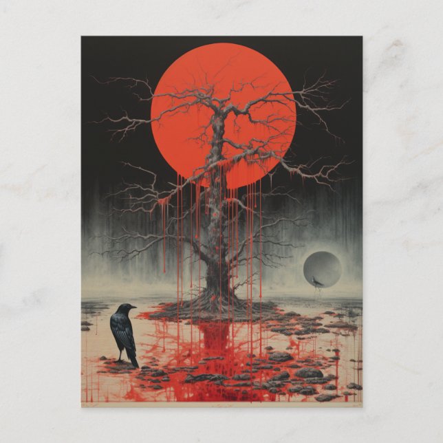 Carte Postale Un Corbeau Rouge Arbre Mort (Devant)